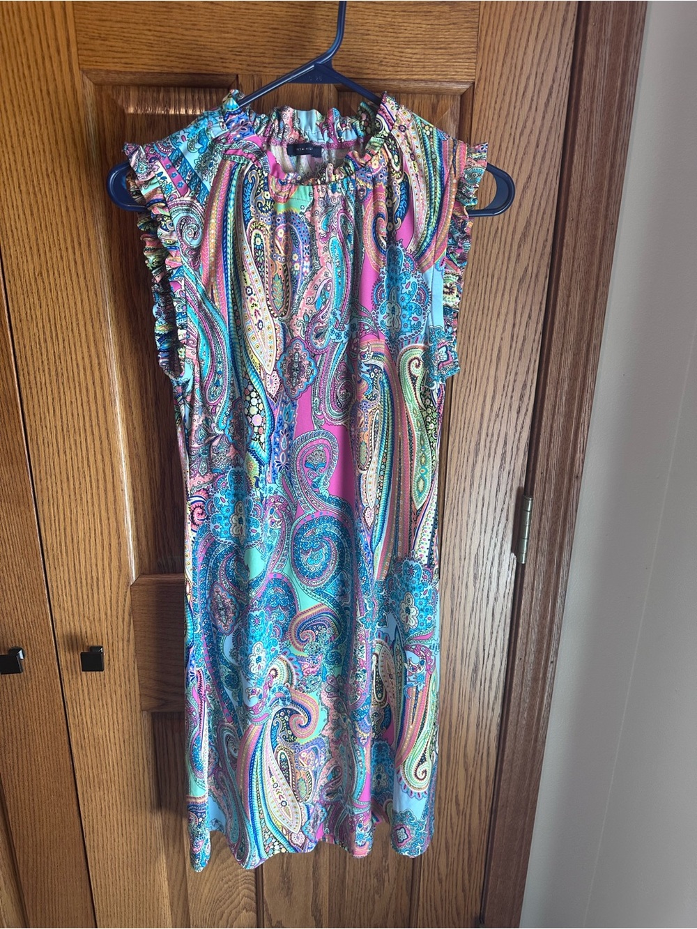Tommy Hilfiger Paisley Ruffled Neck Shift Dress Size 8/10 Pink Blue